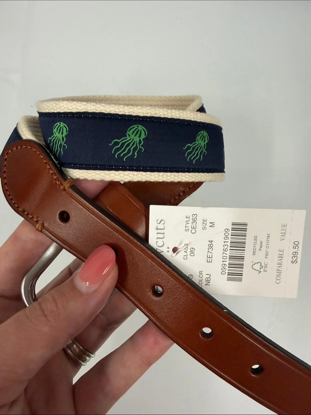 Crewcuts Navy Jellyfish Ribbon Belt with Brown Leather Trim M new